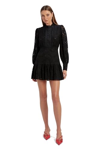 BARDOT Remy Lace Dress - Long Sleeve Fit and Flare Dress for Women, High-Neck Eyelet Dress, Button-Down Front, Lace Detailing