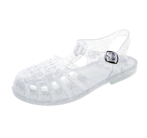 Toddler Jelly Sandals for Girls Unisex Boys Jellies Shoes T-Strap Soft Clear Flats Silver Slippers Size 11 Little Kid Retro Slides Summer Beach Glitter Slingback