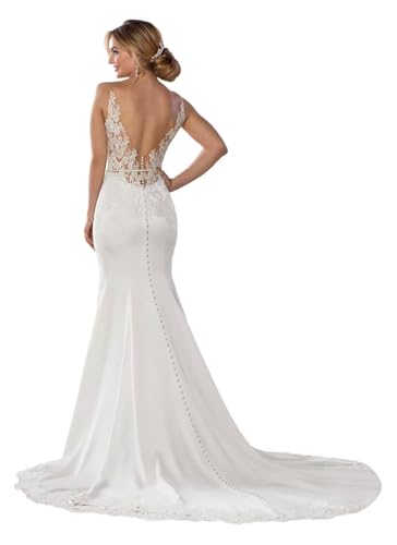 Satin Mermaid Wedding Dress for Bride 2025 Boho Lace Bridal Gown Simple V Neck A Line Bridal Dress...