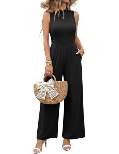Ekouaer Summer Jumpsuits for Women Casual Mock Neck One Piece Outfits Sleeveless Formal Wide Leg Pants Romper with Pockets