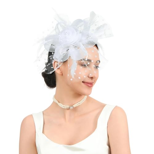 Fascinators Hats for Women Classic Satin Tea Party Headwear Fascinator Hat with Headband and Clip (White)