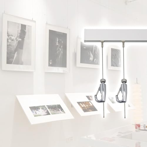 Home Gallery - Sistema di sospensione per foto, disegni, poster, binario da 2 m con 2 cavi in acciaio e gancio, facile da installare, soluzione per appendere quadri
