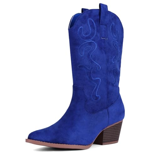 Bandkos Cowboy Boots for Women Cowgirl Mid Calf Western Embroidered Boot Low Chunky Block Heel Fashion Boots