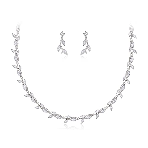 EleQueen Women's Wedding Cubic Zirconia Elegant Leaf Design Necklace Dangle Earrings， Bridal Jewelry Sets for Party Prom