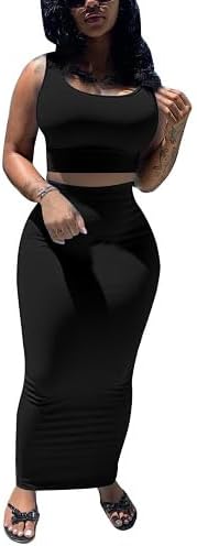 PINSV Womens 2 Piece Summer Outfits Sleeveless Crop Tank Top And Bodycon Maxi Skirt Set Casual Going Out Vacation