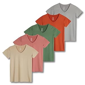 Real Essentials 5 Pack: Women’s Short Sleeve V-Neck Activewear T-Shirt Dry-Fit Wicking Yoga Top (Available in Plus)