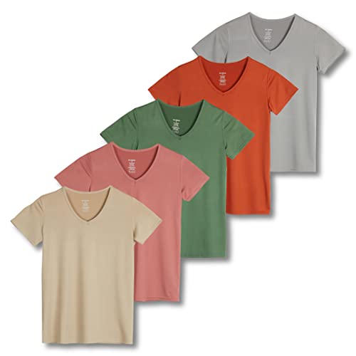 Real Essentials 5 Pack: Women’s Short Sleeve V-Neck Activewear T-Shirt Dry-Fit Wicking Yoga Top (Available in Plus)