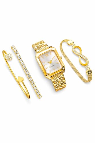4pcs/Set Women's Elegant Square Roman Numeral Dial Stainless...