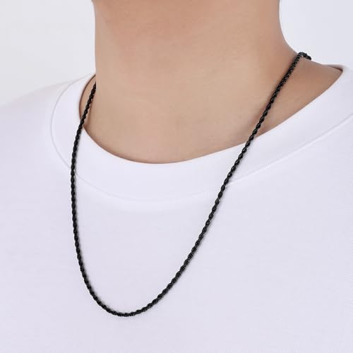 Fiusem Black Rope Chain for Men, Stainless Steel Necklace for Men and Women, Rope Chain18-28 Inches4