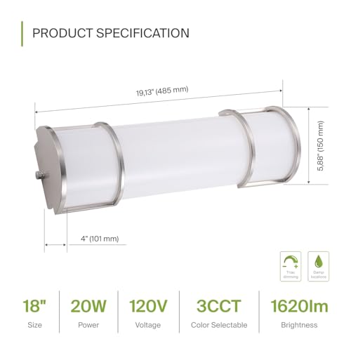 Image of ASD LED 18 inch Vanity Flush Mount Light Fixture, Linear Bathroom Lighting Bar | 3CCT, Dimmable, Energy Star, ETL Listed | 20W 1650LM 3000-5000K 120V | Long Bath Wall Sconce Over Mirror | Nickel, 4 Pack