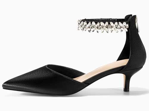 Image of Women's Wedding Rhinestones Low Kitten Heels Pumps Pointed Toe Dress Evening Shoes for Women Bridal Bride, Black, Size 7.5