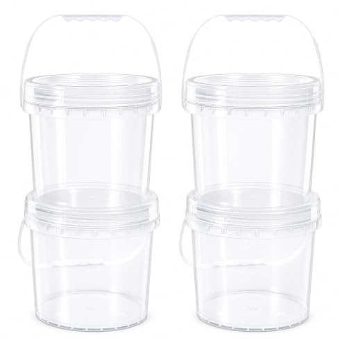 UMETASS 4 Pack 1 Gallon Food Grade Plastic Buckets with Screw Lids & Handle Reusable Storage Containers for Snacks Salad Sauce - Clear Freezer Safe Bucket Set