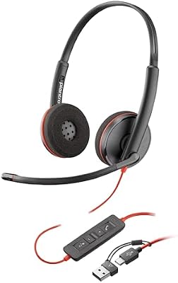 Auricular Poly Blackwire 3220 con cable - Micrófono con cancelación de ruido - Diseño estéreo - Conexión a PC/Mac mediante USB-C o USB-A - Funciona con Teams y Zoom