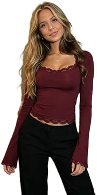 Square Neck Lace Bell Long Sleeve Tops for Women Teen Girls Y2k Cute Lace Trim Going Out Crop Tops T...