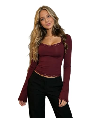 Seyurigaoka - Square Neck Lace Bell Long Sleeve Tops for Women Teen Girls Y2k Cute Lace Trim Going Out Crop Tops Trendy Shirts (A Burgundy, M) - Best Deal on Amazon