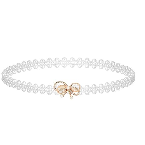 Rhinestone Pearl Elastic Waist Belt Luxury Bow Belt Dress Crystal Waist Strap, Crystal Bowknot Pearl Waistband for Women and Girls