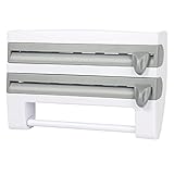 Paper Towel Holder, 4-in-1 Plastic Roll Paper Towel Rack Film Storage Rack Cutter for Kitchen. Improved Dispenser for Cling Wrap, Aluminum Tin Foil, Condiment Bottles Shelf. Easy Wall Mount