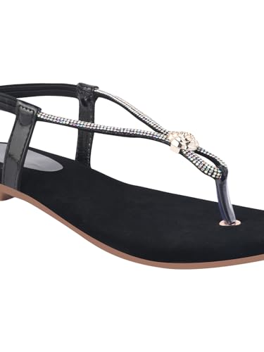 Image of Shoetopia Women's Embellished T-Strap Flats - Crystal Detail Toe Loop Sandals with Cushioned Black Footbed, Slip-On Ethnic Casual Comfort Flats