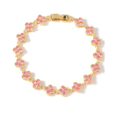 PHOENIX NEST18K gold-plated double-sided women's adjustable clover lucky bracelet set for women, white/black/red/green/red/orange/yellow/blue/indigo/purple flower lucky four leaf bracelet, charming and fashionable jewelry giftBanquet/Christmas Gift (pink)