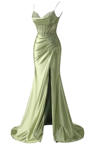 Spaghetti Straps Lace Appliques Satin Prom Dresses for Women with Slit V-Neck Mermaid Long Formal Evening Party Gown4