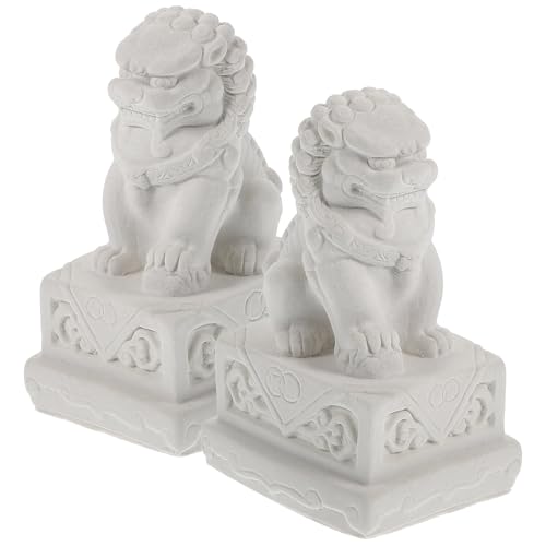 NULYLU Ornement de Jardin Extérieur Unique en Ciment Blanc, Lot de 2 Statues Miniatures de Lions Décoratives pour Aquarium et Jardin