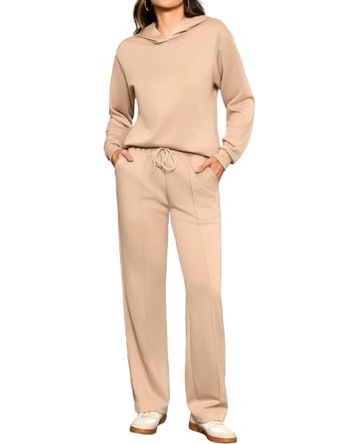 Totatuit Conjunto sport mujer 2 piezas sudadera con capucha pantalón ancho loungewear cálido casual chic Caqui，M