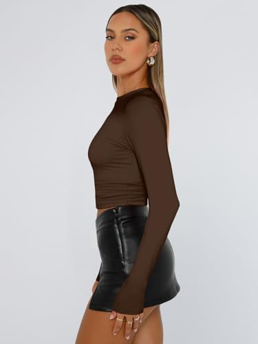 Trendy Queen Womens Long Sleeve T Shirts Fall Fashion 2026 Basic Crop Tops Going Out Workout Outfits Y2k Clothes Chocolate XL - Thumbnail 4
