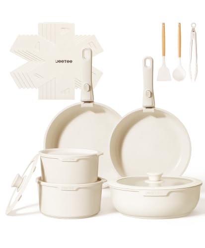 JEETEE Batterie de Cuisine 19 Pièces Antiadhésive, Poignée Amovible, Beige
