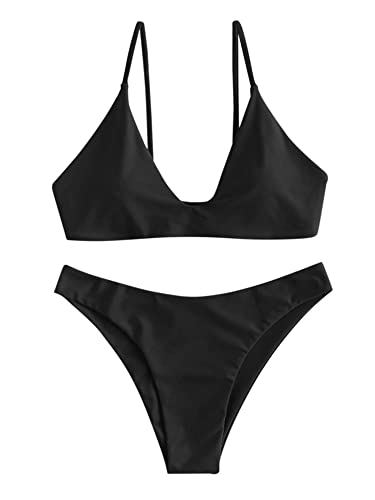ZAFUL Women's Tie Back Padded High Cut Bralette Bikini Set Two Piece Swimsuit3