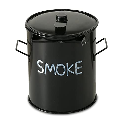 Smoke Outdoor Ashtray, Trashcan Style, Hinged Lid, Removable Interior Tray, 7 D X 7 H Inches, Lacquered Iron, Black Finish, White Text #TOP29
