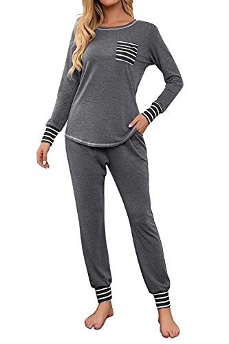 Fuakesor Damen Schlafanzug Lang Pyjama Set Herbst Winter Nachtwäsche Zweiteiliger Sleepwear Soft Loungewear Hausanzug mit Karierte Hose (Grau，Medium)