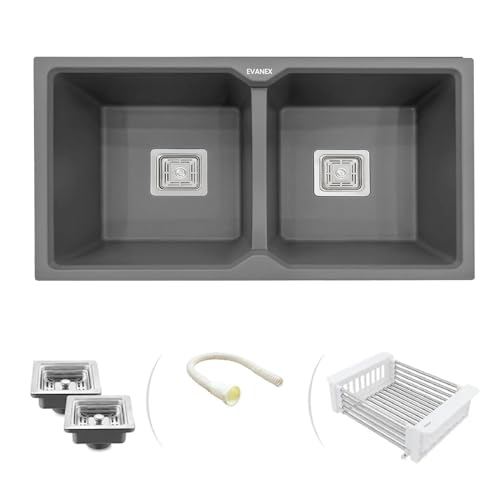Image of EVANEX Quartz Kitchen Sink|Double Bowl Sink for Kitchen|Topmount /Undermount Kitchen Sinks|Grey Double Sink with Connector, Waste Pipe, Coupling and Drain Basket|45x20x9 Granite Kitchen Sinks