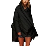 IOFEER Abrigo de algodón estilo capa cálido de longitud media de color sólido para mujer, chaqueta de plumón irregular ligera a la moda con capucha,Negro,S