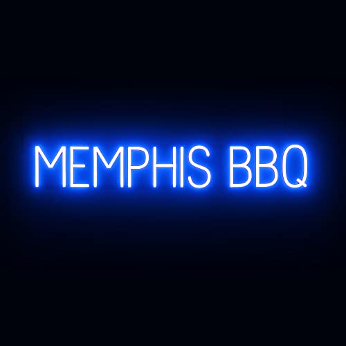 Image of SpellBrite LED Neon MEMPHIS BBQ Sign for Business - Blue, 40 inch x 6 inch | Ultra-Bright Click-Together Signage for Restaurants, with Visibility from 500 Feet - 8 Animations, 6 Brightness Levels
