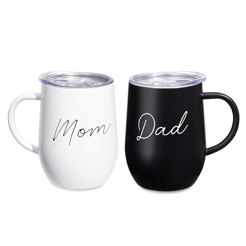 Sheffield Home Stainless Steel insulated Coffee Mug with Travel Lid & Handle - 12 oz Dishwasher Safe Mom & Dad Tea Mug - Adorable Coffee Cup Gift Set for New Parents (Black & White)