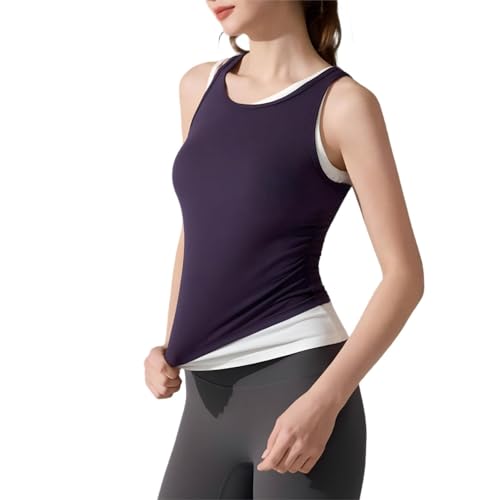 Women’s Double-Layer Colorblock Racerback Yoga Tank (Purple)