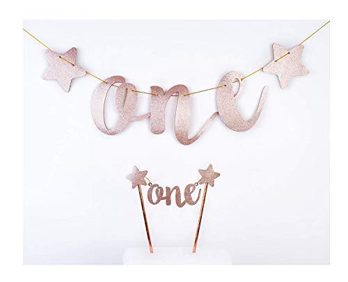 Festiko Glitter One Bunting Banner and Cake Topper for 1st Birthday Party Decorations - Rose Gold-image-36