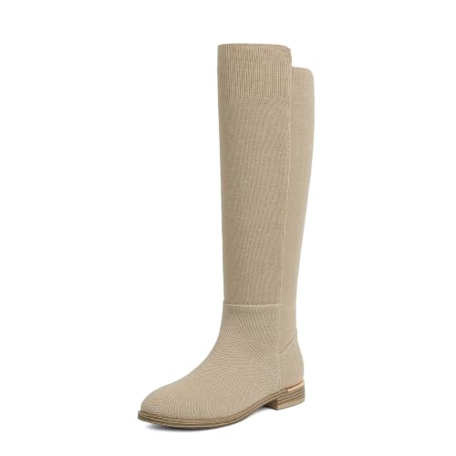 Image of Modatope Rounded Toe Flat Stretchy Dress Knee High Boots Side Zipper
