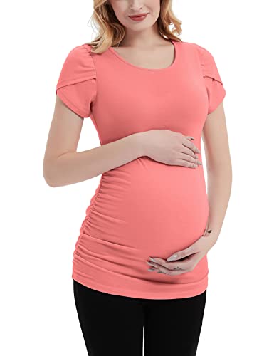 Debelly Women Maternity Blouse Shirts Tulip Sleeve Mama Pullover Tee Tops Side Ruched Crew Neck Pregnancy Tunic Spring Summer,Coral Red,S #TOP28