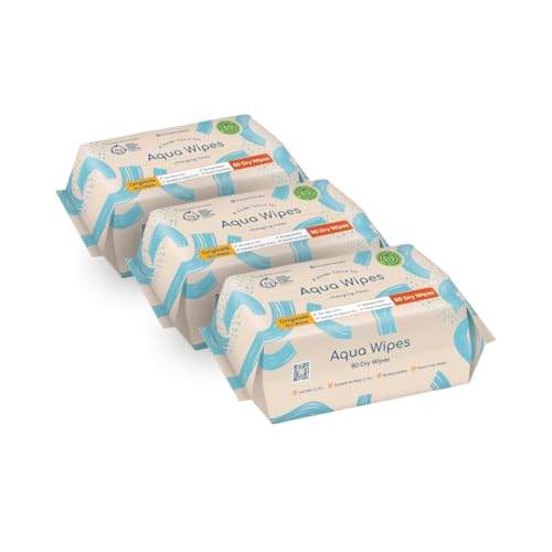 Aqua Wipes Toallitas secas para la cara – biodegradables, sin plástico, toallas desechables para desmaquillar – Paños faciales secos suaves de algodón texturizado. Agradables para la piel y el bebé