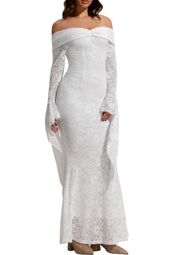 Image of Cercis Womens Off The Shoulder Floral Lace Maxi Wedding Dress Boho Flowy Wedding Guest Formal Long Dresses