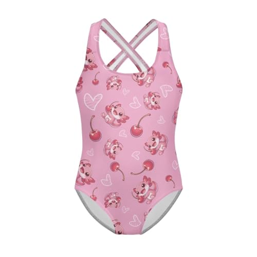 Image of Girls One Piece Swimsuit Axolotl Cross Back Straps Bathing Suit Lightweight Quick Dry Gymnastics Leotard