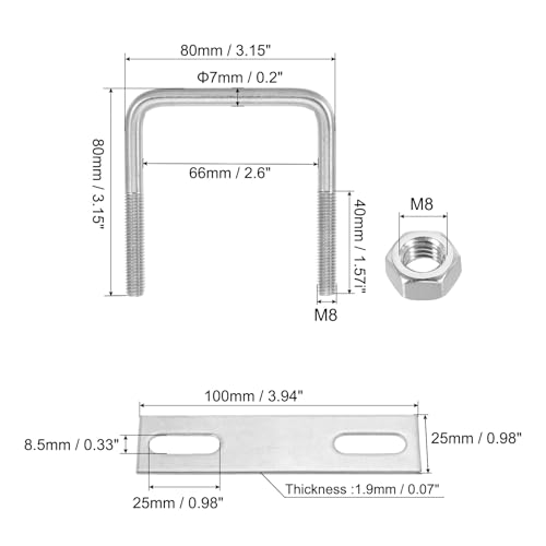 Image of PATIKIL M8x65x80mm Square U-Bolts Kit, 2Set 304 Stainless Steel Square U Shaped Bolts Replacement Parts with Frame Plates and Nuts for Ski Board Sailboat Trailer