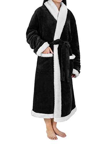 Image of PAVILIA Women's Plush Fleece Robe, Soft Cozy Long Bathrobe with Satin Waffle Trim, Warm Lightweight, Pockets & Tie Belt