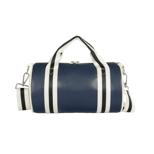 Image of Nautica Unisex 6.5L PU Mini Barrel Duffel Bag | Faux /Vegan Leather | Lightweight & Durable Silver-Tone Hardware with Stash Pocket | Weekend Travel & Gym Carry-On with Detachable Strap | Navy Blue
