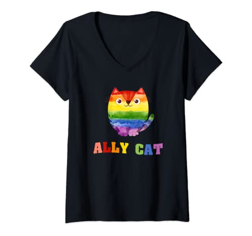 Womens Ally Cat LGBTQ+ Ally Allies Cute Cat Pride V-Neck T-Shirt