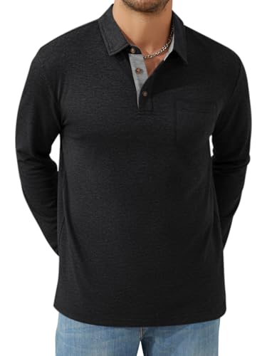 LIFROWI Mens Polo Lightweight Pullover Sweaters Classic Business Long Shirts Basic Solid Color Designed Fashion Shirts(Black,Large)