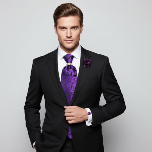 Image of 5PCS Tie and Pocket Square for Men, Silk Necktie and Handkerchief Cufflinks with Gold Ring and Lapel Pin Set