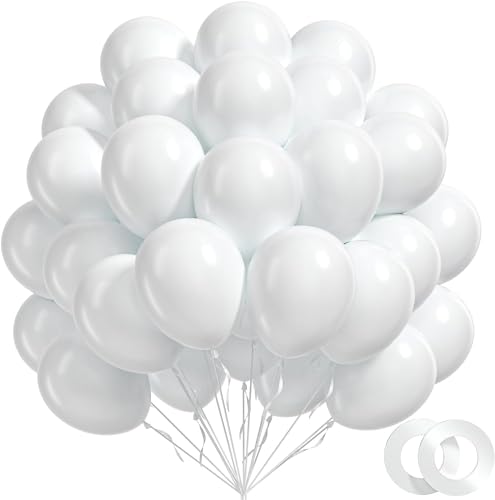 BAUANOOY 100pcs White Balloons 12 inch White Latex Balloons with Ribbon for Engagement Bridal Shower Bachelorette Birthday Wedding Party Decorations
