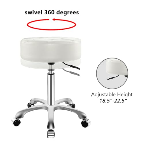 Image of Ainilaily Rolling Stool with Wheels, Thick Cushion Heavy Duty Esthetician Hydraulic Chair Stool for Work Medical Tattoo Salon Office (White)